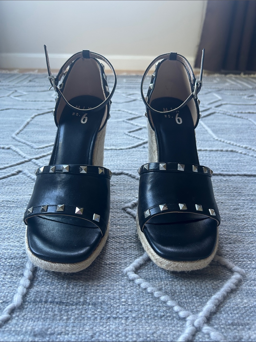 Mix No 6 Dreamm Espadrille Wedge Sandal in Black with Silver-Toned Square Rivets